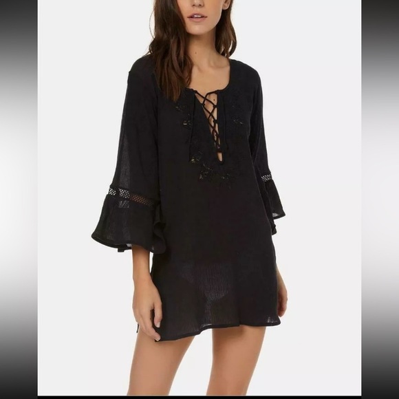 O'Neill Juniors Salt Water Solids Long-Sleeve Black Tunic Cover up Dress SZ M - Picture 1 of 16